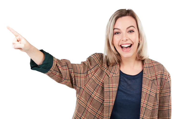 Smiling woman pointing — MojFlow delivery